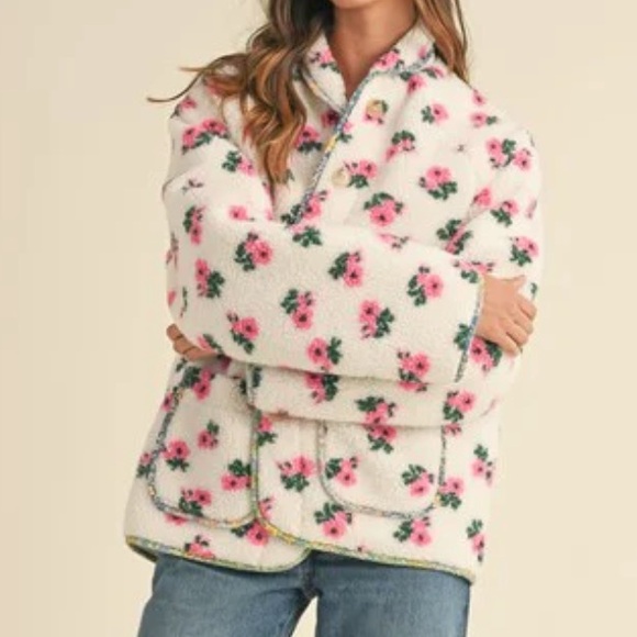 Off White Floral Print Sherpa Jacket Contrast Piping Detail - Picture 8 of 8